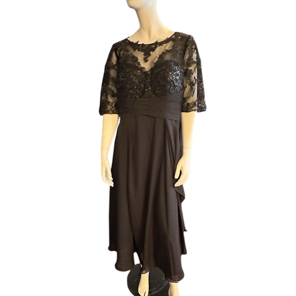 Gown Gallery Lace and Sequin Bodice 3/4 Sleeve Tea Length Dress Black 16W NWT